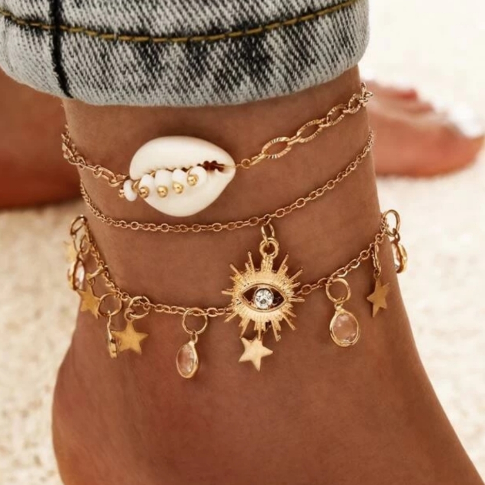 Sexy GOLD CHARMS 3 PIECE ANKLET SET Shell Chain Ankle Bracelet Jewelry Boho